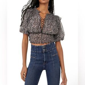 Free People Beatrice Ruffle Smocked Sheer Floral Printed Top Size Small NWOT